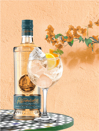 Botella de Puerto de Indias Guadalquivir, Melocoton, Fondo piel de melocotón